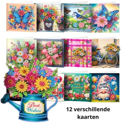 IZGO Diamond Painting Kaarten – 12 Wenskaarten met envelop - Zonder Tekst - Volwassenen – Volledig Hobby Pakket - Diamant schilderen - Felicitatie