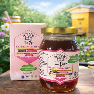 Toros Dagi - Koninginnegelei, Honing, Propolis en Pollen Mengsel met Gedroogd natuurlijk aardbeienpoeder voor Kinderen - 225 g