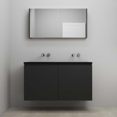 On-Line Badkamermeubelset - 120 cm - Bouwpakket - Greeploze Ladestructuur - Acryl Wastafel - zonder Kraangat - Spiegelkast - Mat Zwart - V01