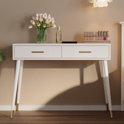 DESMIU Kaptafel - Multifunctionele Opbergtafel Met Twee Lades En Metalen Onderstel - Voor Slaapkamer En Thuiswerkplek - MDF - Wit - 100x40x76 Cm