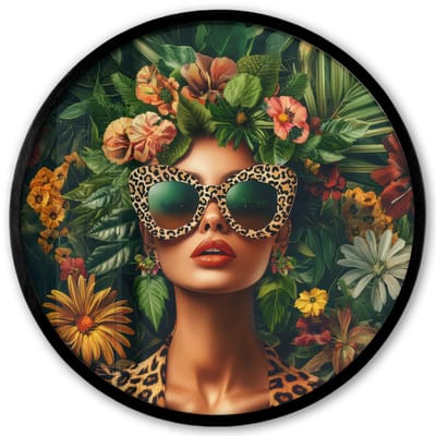 Poster in lijst Rond - Fotolijst 40x40 cm - Posters - Vrouw - Panterprint - Jungle - Natuur - Luxe - Ronde posterlijst zwart - Decoratie - Wanddecoratie woonkamer - Muurdecoratie slaapkamer