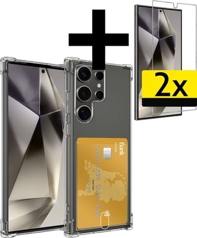 Hoesje - Geschikt voor Samsung Galaxy S24 Ultra - Met 2x Screenprotector - Pashouder - Kaarthouder - Telefoon Hoes Shockproof - Siliconen Case - Back Cover - Shock Proof - Pasjes Houder - Telefoonhoesjes - Transparant