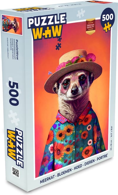Puzzel Meerkat - Bloemen - Hoed - Dieren - Portret - Stokstaartje - Legpuzzel - Puzzel 500 stukjes