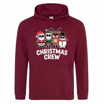 Donker rode (burgundy) hoodie met "Christmas crew" - maat XS - kersttrui, kerst, kerstmis, fout, kerstfeest, kerstmis, trui, kerstdiner, aankleding, hoody, hoedie
