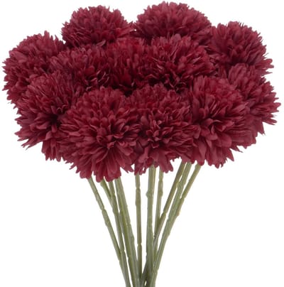 Dailygoods - M METERXITY 12-Pack Kunstchrysanten, 28 cm Kunstchrysanten in Ballvorm, 11 Inch Zijde Boeketten, Real Touch Kunstbloemen voor Thuis/Bruiloft/Kerst/Feest [Wijnrood]