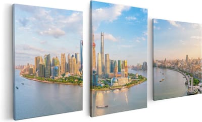 Artaza Canvas Schilderij Drieluik Skyline Shanghai Stad in China - 120x60 - Foto Op Canvas - Canvas Print