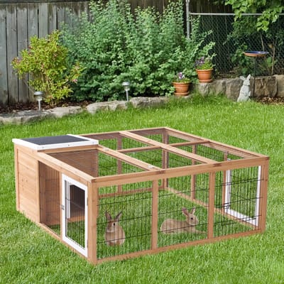 Wishdor - Kleintiergehege - Kaninchenstall met rustgedeelte - weerbestendig - voor tuin en buiten - hout - natuur - 123 x 120 x 52 cm