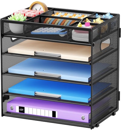 5-Laags Gaas Bureau Organizer,Brievenbak met Verstelbare Vakken en Handvat,Bureau Opbergbak voor Post en Documenten Bureau Opbergbak voor Thuiswerkkantoorbenodigdheden Accessoires (Zwart)