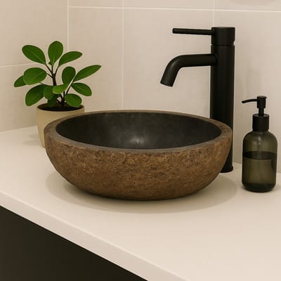 Lendo Online Wastafel ovaal (40-45)x(30-35) cm riviersteen - natuursteen roestkleurig - wasbak voor badkamer - spoelbak - waskom - unieke vorm en kleur!
