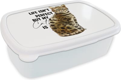 Broodtrommel Wit - Lunchbox - Brooddoos - Katten - Spreuken - Quotes - Life isn't perfect but my cat is - 18x12x6 cm - Volwassenen