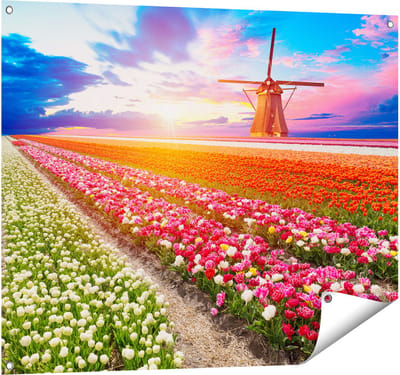 Gards Tuinposter Kleurrijke Bloemenveld met een Windmolen - 100x80 cm - Tuindoek - Tuindecoratie - Wanddecoratie buiten - Tuinschilderij