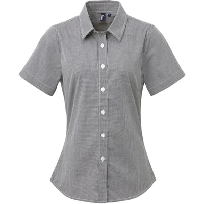 Premier Dames/dames Microcheck Korte Mouwen Katoenen Shirt (Zwart/Wit)