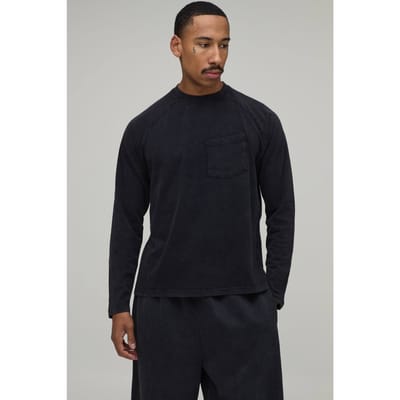 Essentieel Gewassen Regular Fit Raglan Lange Mouw T-shirt Met Borstzak | Black | Size 3XL