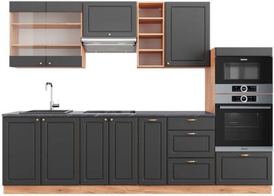 Vicco Fame-Line Complete keukeneenheid – 280 cm, WB Antraciet Antraciet Landhuis/Goud Kraft Eik