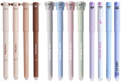 Dailygoods - SINZONeu Set van 12 uitwisbare gelstiften, 0,5 mm zwarte inkt, dierenontwerpen (eenhoorn, beer, olifant), pastelkleuren, voor school/kantoor, uitwisbare pennen