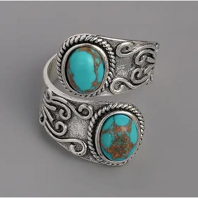 Huitan Vintage Ringen met Kruisbanden en Imitatie Turkoois Stenen, Gesneden Patroon, Boho Accessoires voor Vrouwen, Elegante Dames Sieraden resizable gray