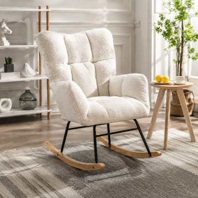 Schommelstoel - Teddy Stof - Relaxstoel - babykamer - Fauteuil - Voedingsstoel - Wit