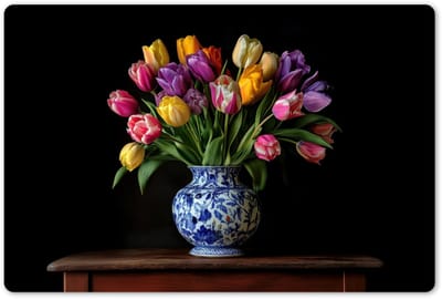 Placemats 45x30 cm - Placemat kunststof - 1 stuk - Tulpen - Kleuren - Hout - Vaas - Borden onderleggers - Decoratie voor op tafel - Keuken tafeldecoratie accessoires - Vinyl onderlegger - Tafelversiering