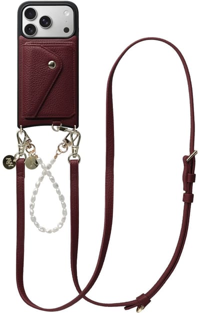 AVY Leren Hoesje geschikt voor Apple iPhone 17 Pro | Met Koord en Magnetische Kaarthouder | Compatibel met MagSafe | Leather Case met 30CM & 130CM Koord & Wallet | Leather and Pearls | Burgundy