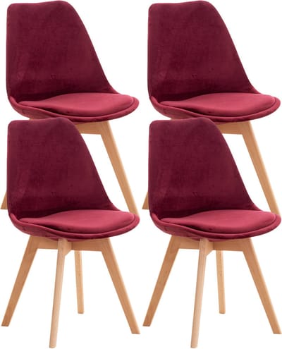 CLP 4-delige set Linares eetkamerstoelen met rugleuning en gestoffeerd op beukenhouten frame Fluweel/bordeauxrood
