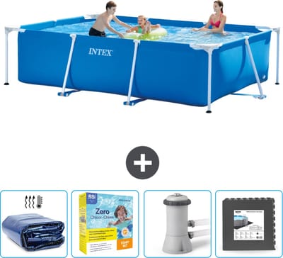 Intex Rechthoekig Frame Zwembad - 300 x 200 x 75 cm - Blauw - Inclusief Solarzeil - Onderhoudspakket - Zwembadfilterpomp - Vloertegels