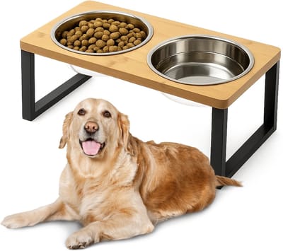 Lomera Dubbele Voerbak - Voerbak Voor Huisdieren - Kleine Honden Voerbak - Roestvrijstalen Voerbakken - Bamboe Standaard - Waterafstotende Standaard - Anti-Slip Rubber Afmeting - Diepte