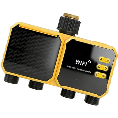 Sproeier Timer 4 Zones, Zonne-WiFi Water Timer met APP Afstandsbediening, Regenvoelingsfunctie, 90 graden Verstelbaar