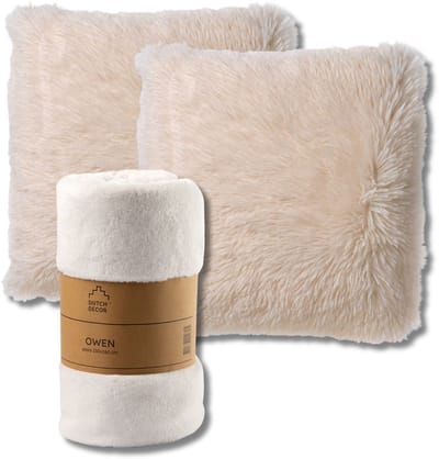 Dutch Decor - VOORDEELSET - 3-delig - Fluffy & Owen - 2 sierkussens 45x45 cm - 1 plaid 130x160 cm - wit