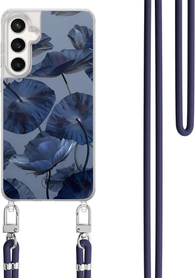 Hoesje met koord geschikt voor Samsung Galaxy S24 FE - Dusky blooms - Inclusief Donkerblauw koord - Crossbody beschermhoes - Transparant, Paars - Mooie Telefoonhoesjes