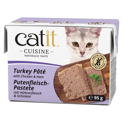 12x95g Catit Cuisine Paté Kalkoen met Kip & Ham natvoer voor katten