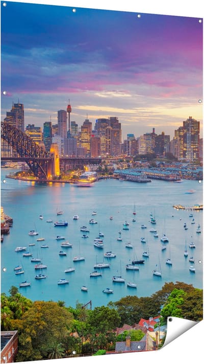 Gards Tuinposter Sydney Harbour Bridge in de Avond - 120x180 cm - Tuindoek - Tuindecoratie - Wanddecoratie buiten - Tuinschilderij