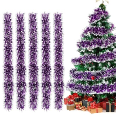 Dailygoods- Lametta Slinger 12 meter - Glanzend Kunststof - 5 Stuks - Kerstversiering - Veiligheidswaarschuwing - Decoratie voor Kerstboom
