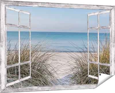 Gards Tuinposter Doorkijk Strand en Zee vanuit de Duinen - 150x100 cm - Tuindoek - Tuindecoratie - Wanddecoratie buiten - Tuinschilderij