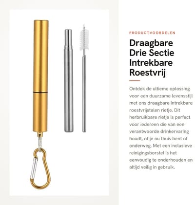 Dailygoods- Herbruikbare Stro - Draagbaar - Roestvrij Staal - Intrekbaar - Drie Delen - Inclusief Reinigingsborstel - Drinkrietje