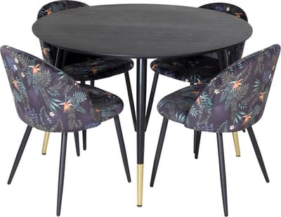 DippØ115BLBR eethoek eetkamertafel zwart en 4 Velvet eetkamerstal velours gebloeid.
