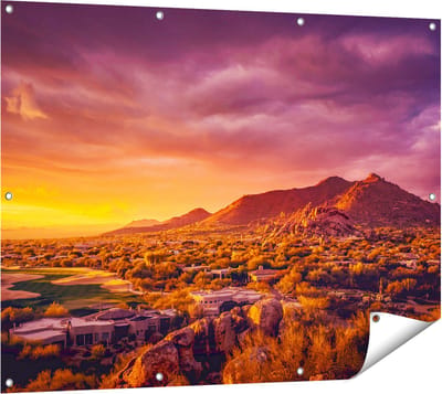 Gards Tuinposter Woestijn Landschap met Zonsondergang - 120x90 cm - Tuindoek - Tuindecoratie - Wanddecoratie buiten - Tuinschilderij