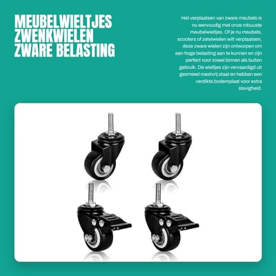 Dailygoods- Meubelwieltjes zware belasting - Zwenkwielen - Rubber - 360 graden draaibaar - Roestvrij staal - Stil en duurzaam - Transportwielen