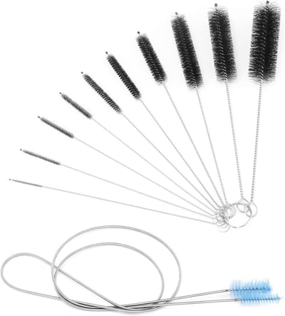 Set van 11 Flexibele Reinigingsborstels voor Aquariums, Flessen en Bassins - Inclusief 10 Nylon Borstels in Diverse Maten, 155 cm Lang
