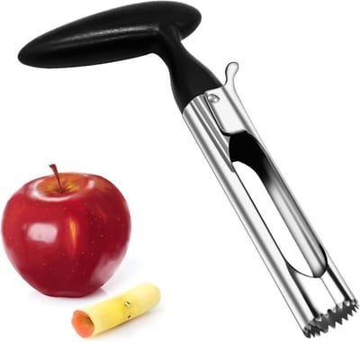 Appelboor, roestvrijstalen appelboor, 2‑in‑1 appelboor en ‑snijder. Het klokhuis gemakkelijk met een simpele druk. Ergonomische, antislip handgreep. Vaatwasmachinebestendig.