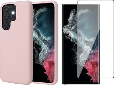 Hoesje geschikt voor Samsung Galaxy S22 Ultra - Matte Back Cover Microvezel Siliconen Case Hoes Roze - Full Tempered Glass Screenprotector