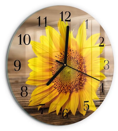 Tulup Wandklok - Zonnebloem Klok Glas Met Opdruk - 30fi cm - Geel Moderne Wandklok Glas - Zwarte Handen - Ronde Wandklok - Wandklok Glas Met Motief - Decoratieve Glazen Klok