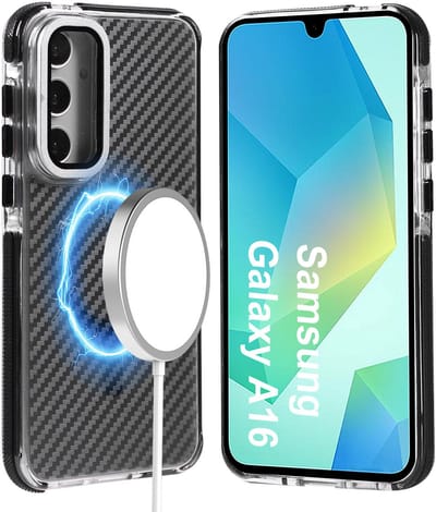 Magsafe Hoesje Geschikt voor Samsung A16 4G / 5G hoesje Zwart Heavy Duty Carbon Case met Versterkte Zijkanten, MagSafe en Camera Kickstand