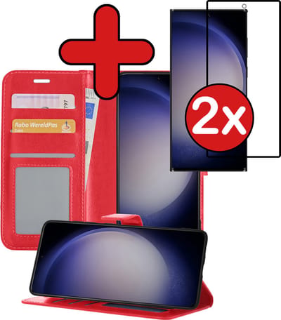 Hoesje - Met 2x Screenprotector - Geschikt voor Samsung Galaxy S23 Ultra - Luxe Pasjeshouder - Flip Case - Bookcase Portemonee - Kunstleer Book Case - Flipcase Hoes - Book Cover - Walletcase - Portemonneehoes - Telefoonhoes - Rood