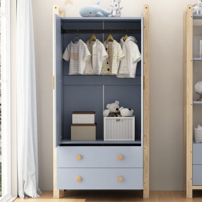 Tweedeurs kledingkast 90x45x180 cm - met kledingstang - 2 lades - voor slaapkamer - woonkamer en gang - van spaanplaat - blauw