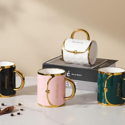 Nordische Vergulde Handtas Keramische Handvat Mok Enkele Mok Opening Klein Cadeau Souvenir Mok Set Grote Inhoud Duurzaam 350ML