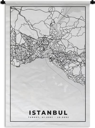 Wandkleed - Wanddoek - Istanbul - Plattegrond - Stadskaart - Zwart Wit - Kaart - 120x180 cm - Wandtapijt
