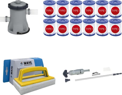 WAYS - Zwembad Onderhoud - Zwembadstofzuiger & Filterpomp 1249 L/h & 12 Filters Type I & WAYS Scrubborstel