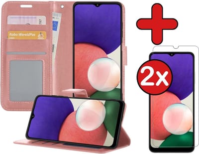 Hoesje - Met 2x Screenprotector - Geschikt voor Samsung Galaxy A22 4G - Luxe Pasjeshouder - Flip Case - Bookcase Portemonee - Kunstleer Book Case - Flipcase Hoes - Book Cover - Walletcase - Portemonneehoes - Telefoonhoes - Rosé goud