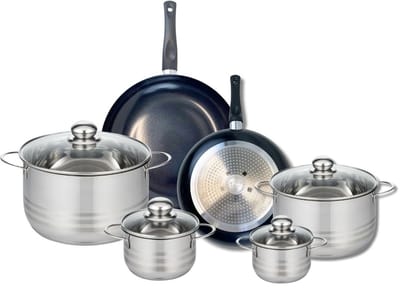 Set van 2 Koekenpannen 24 en 28 cm en 4 kookpotten 12, 14, 20 en 24 cm Elo Prima Brillant