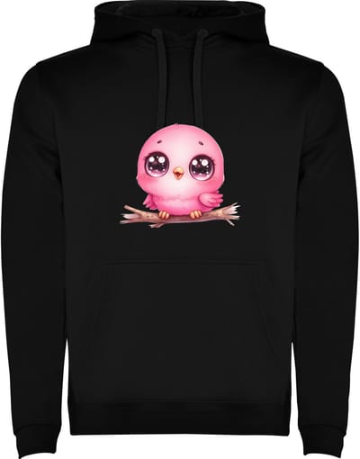 Zwarte Hoodie Kleurrijke Kleine Vogel - Schattig - Roze op tak - Cartoon - Humor Maat M